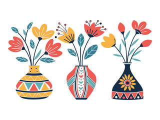 Obraz premium Flower in a vase set banner. Different flowers. Glass vases with water. Cute colorful icon collection. Daisy, tulip, gerbera. Ceramic Pottery Glass decoration. Flat design. Vector transparent PNG 