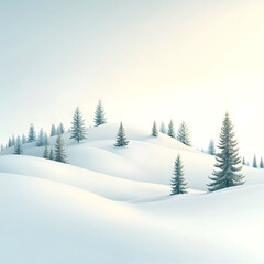 Snowy hills with winter pines, and sunrise.