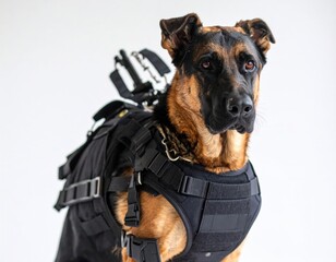 Intelligent working dog in tactical harness ready for action
