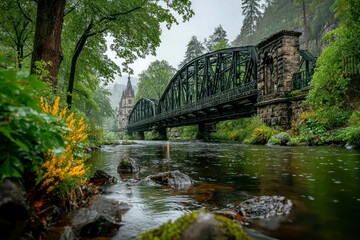Enchanting Forest Bridge Over Calm River Surrounded by Lush Greenery and Ancient Architecture