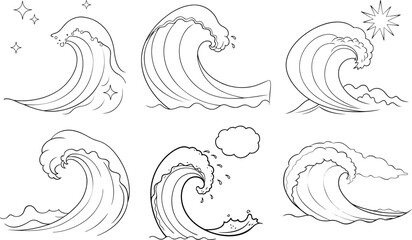 set of hand drawn Line art vector wave elements