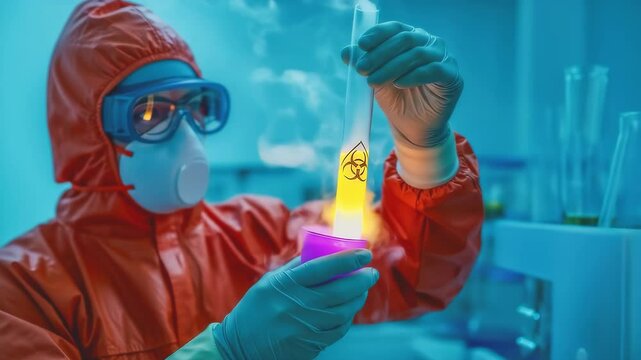 Chemist scientist in protective red suit examines flask with biohazardous substance laboratory, bright smoke rises, concept safety scientific discoveries and research biological hazards and chemicals