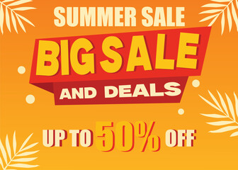 bold summer sale poster with big sale and deals text, yellow and red discount banner design with tropical palm leaves and orange background for seasonal promotion, ecommerce ads, marketing campaign or