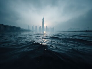 Misty skyline reflecting on water in a serene urban landscape.