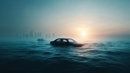 Submerged cars in a flooded urban landscape at sunset.