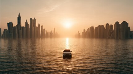 Surreal cityscape with a submerged car at sunset over water.