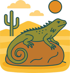 Cartoon Vector Illustration of Desert Lizard Sitting on Rock with Cactus and Sunset Background
