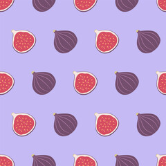 Fig seamless pattern. Cute vector colorful background. Whole fruits and halves on light lilac background.
