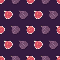 Fig seamless pattern. Whole fruits and halves on a purple background. Hand draw design for wrapping paper, wallpaper, fabric, textile and etc. Vector illustration.