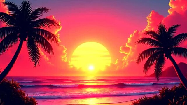 Tropical Beach Sunset in Golden Light &ndash; Palm Tree Silhouettes & Ocean View 4K