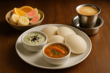Idli served with coconut chutney, sambar, traditional filter coffee, and tropical fruit bowl on wooden table

