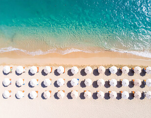 Aerial Drone View of Tropical Beach with Rows of Umbrellas and Turquoise Water