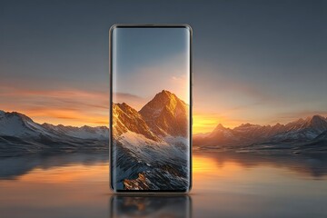 Modern Smartphone Displaying a Stunning Sunset Over Snowy Mountains