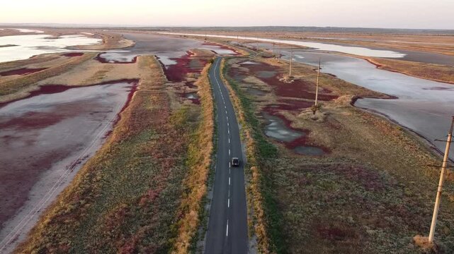 Aerial footage of car driving through Bilosaraysky Ornithological Reserve located in Belosarayska Spit with red algae and marshes