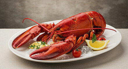 Delicious lobster dish on white plate. Lobster is served with lemon slices and cherry tomatoes. This gourmet seafood dish is perfect for upscale restaurant menus or culinary websites.
