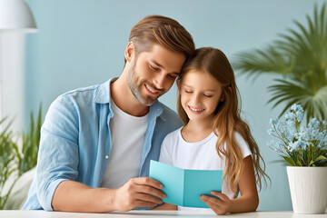 A father and daughter reading a handmade Father's Day card together at home.