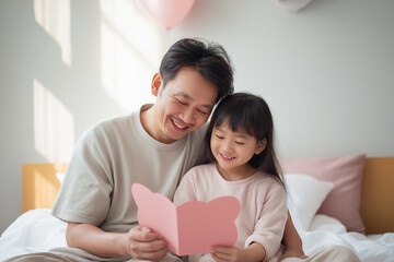 Asian father and his son reading a handmade Father's Day card together at home.