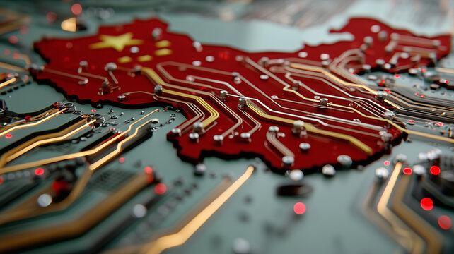 Intricate electronic circuit design featuring a map of China in brilliant colors - Powered by Adobe