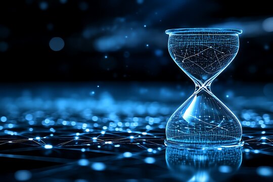 Abstract digital hourglass symbolizing the passage of time and the flow of information, conveying concepts of data and technology in a futuristic glow.