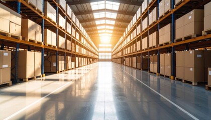 Spacious warehouse interior with stacked boxes and sunlight streaming through