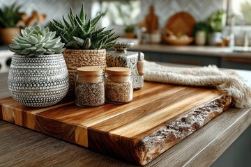 Cozy Kitchen Counter with Succulents Jars of Seeds and Rustic Cutting Board