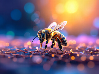 Macro photograph of a bee with AI-generated digital backgrounds, vibrant and dynamic composition