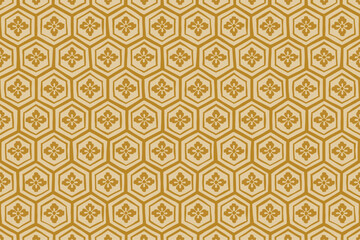 Hand drawn Japanese style flower turtle shell pattern background, Cute Japanese pattern wallpaper, Seamless vector material/手描きの金色の花亀甲模様の背景、かわいい日本の和柄パターン