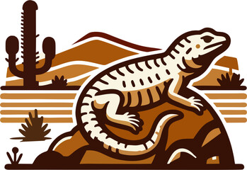 Vintage Desert Lizard Vector Illustration with Cactus and Rocky Landscape in Earth Tone Colors