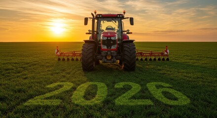 Agricultural tractor in field during sunset with 2026 number on grass symbolising future farming technology food production innovation