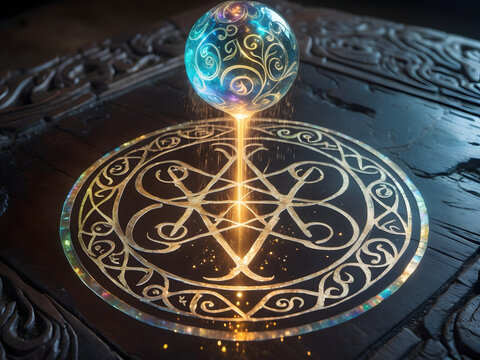 Mystical Orb on Ancient Tome: A luminous orb, brimming with intricate patterns and light, hovers over a detailed, antique book, radiating a beam of energy.