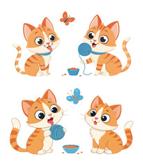 Cute cartoon orange tabby kittens playing with blue yarn ball and chasing colorful butterflies