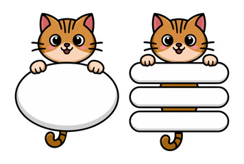 Cute cartoon tabby cat holding blank oval speech bubble on transparent background