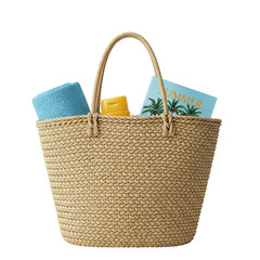 Straw Tote Bag With Visible Summer Essentials Inside Towel Sunscreen Book Isolated On White