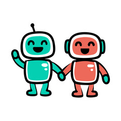 Fototapeta premium Friendly robots holding hands, for children's books