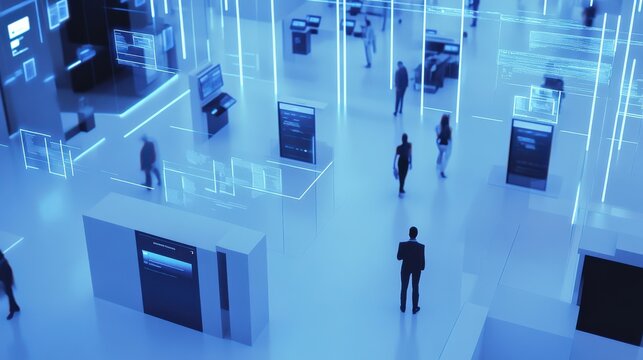 Futuristic exhibition hall with interactive displays and digital installations