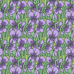 Seamless pattern with canary islands flowers Blue Violet. Hand drawn boho floral wallpaper vector illustration