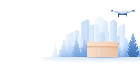 Naklejka premium A drone hovers above a cardboard box in front of a city skyline with trees. Concept: Drone delivery technology and modern logistics