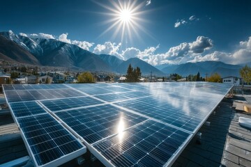 Solar Panels Harnessing Sunlight on a Roof with Mountain Backdrop
