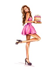 Hand drawn beautiful watercolor birthday girl holding birthday cake. Woman in pink dress. Brunette hair woman illustration 