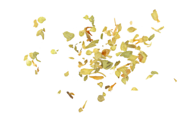 Close up pile, dried, chopped oregano leaves isolated on white, top view	