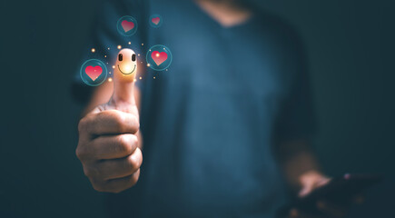 Customers review. Businessman thumbs up showing happy smile face and red heart emotion. Positive feedback rating. Satisfaction survey. Good feeling and compliment. Think positive.