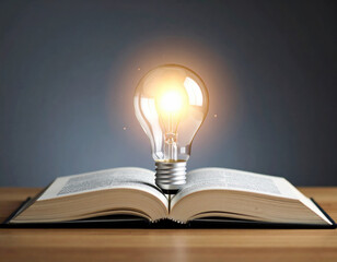 Brilliant illuminated light bulb glows above open textbook, symbolizing high fidelity and inspiration in learning. This captures essence of knowledge and creativity