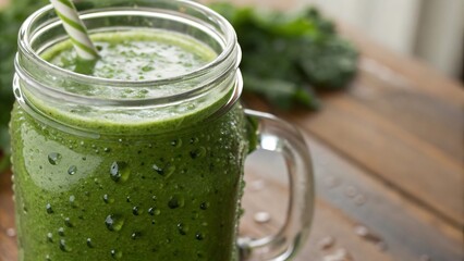 Refreshing Green Smoothie in Mason Jar with Striped Straw Water Droplets and Kale on Wooden Surface for Healthy Lifestyle and Detoxification