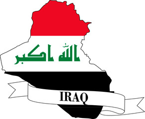The map of Iraq overlaid with the Iraqi flag and its name written on a ribbon