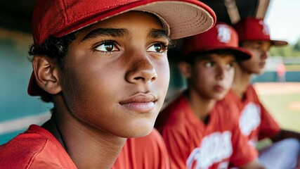 Focused Baseball Players: A moment of anticipation captured as young baseball players, clad in red uniforms and caps, are intently focused. The scene portrays their commitment to sportsmanship. - Powered by Adobe