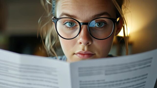Focused Study: A studious young woman, glasses perched on her nose, intently examines a document. Her eyes reflect concentration and determination.