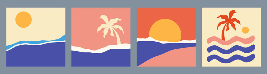 Set of tropical summer square design templates with copy space, palm tree, wave, sun, sky on colorful backgrounds for banner, greeting card, social media, poster and advertising. Fun concept - vector