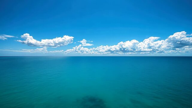 Azure Horizon: A boundless expanse of tranquil turquoise waters melds seamlessly with a cerulean sky, dotted with fluffy clouds, evokes a sense of peace and serenity.