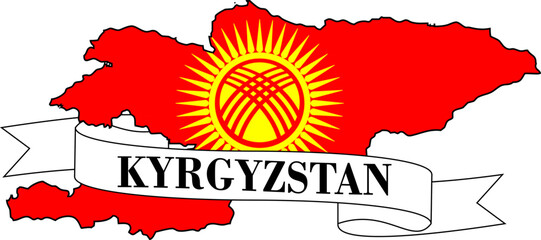 The map of Kyrgyzstan overlaid with the Kyrgyz flag and its name written on a ribbon