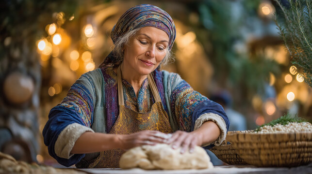 A bustling open-air kitchen with a baker kneading saffron dough - Powered by Adobe